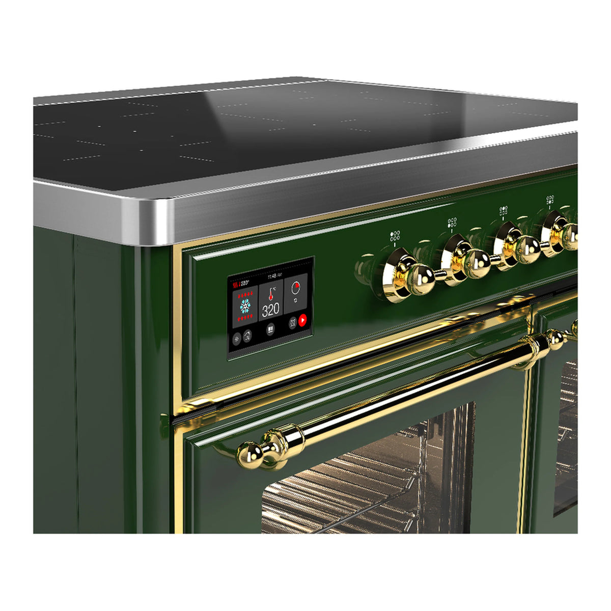 Emerald green induction range control panel with brass trim and digital display