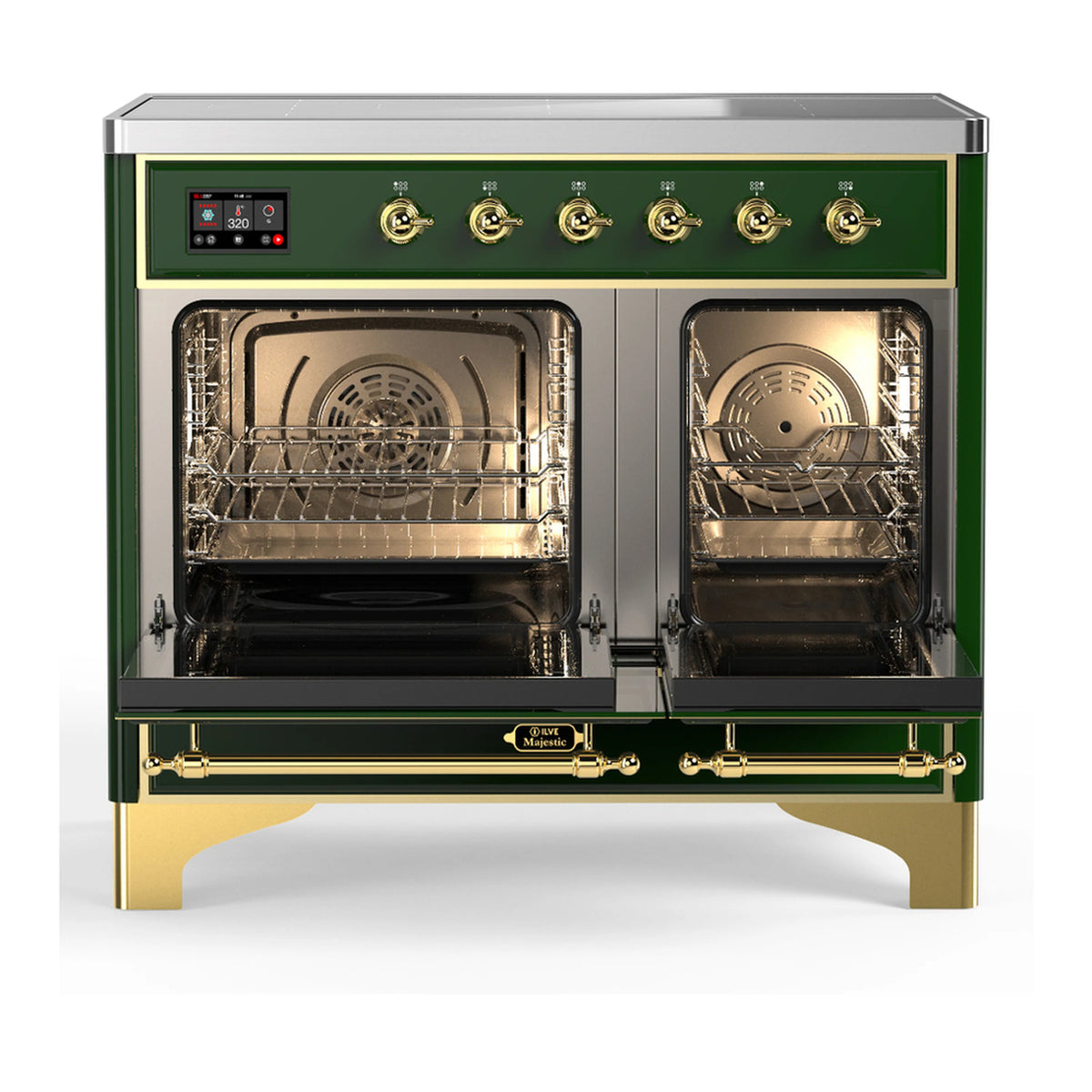 Emerald green induction range with open ovens and rack inside brass-trimmed doors