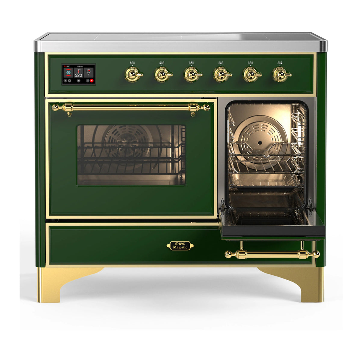 Emerald green induction range with one oven door open, brass handle and window