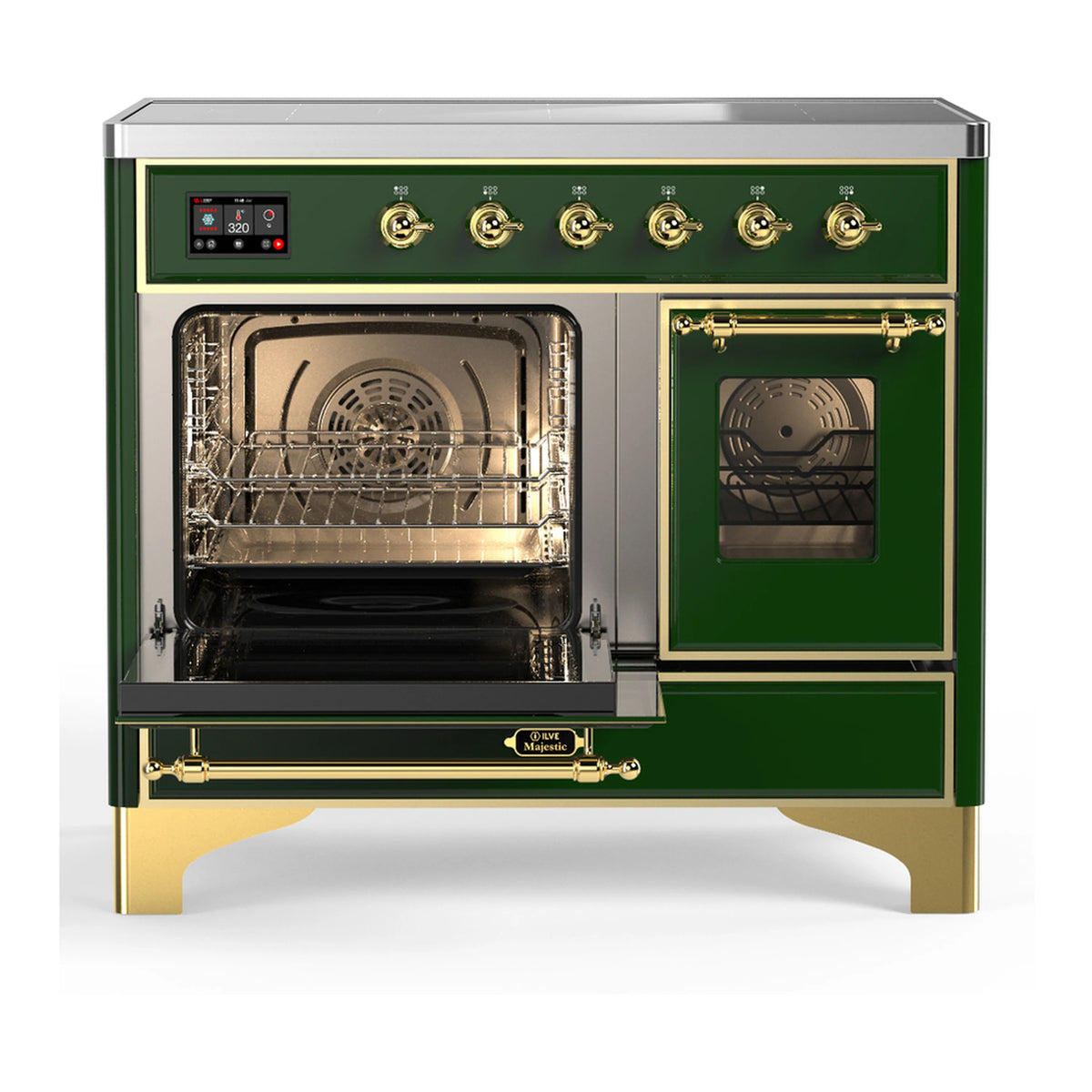 Emerald green induction range with two open oven compartments and glass front