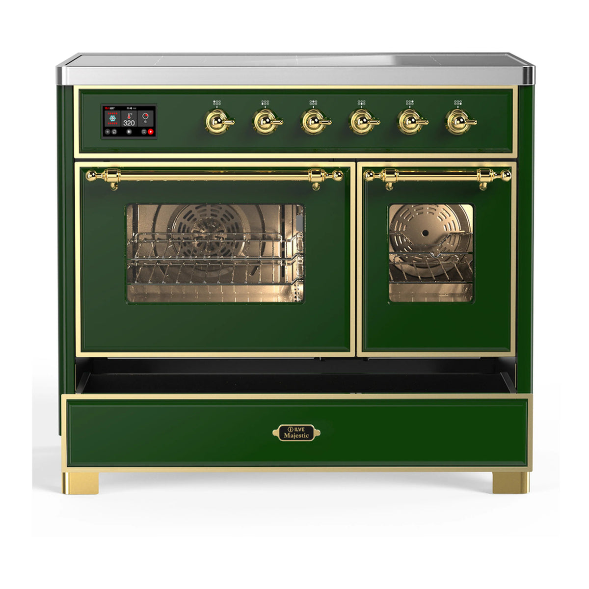 Emerald green induction range with open oven door and brass-trimmed controls