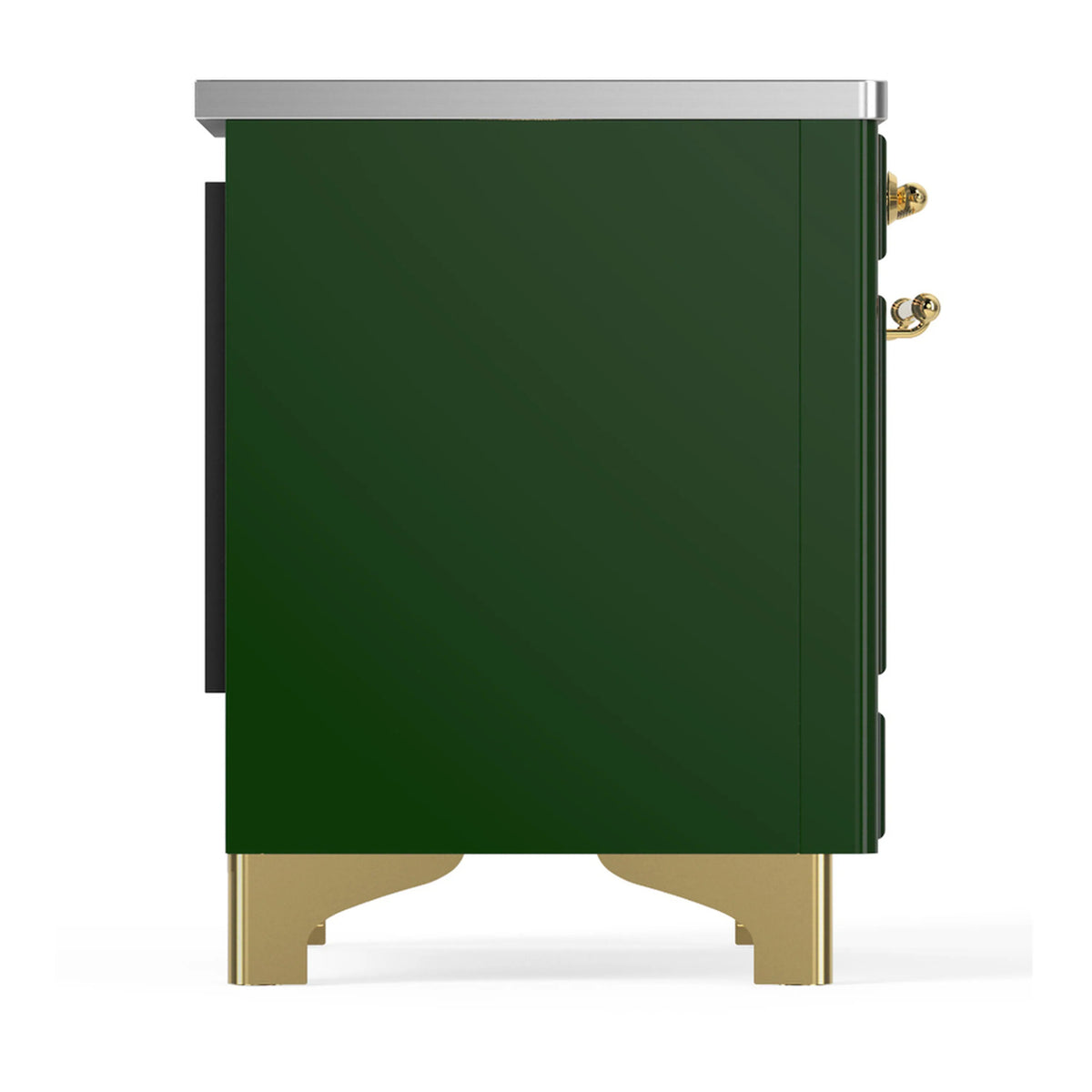 Emerald green range side panel with stainless top and brass pull hardware