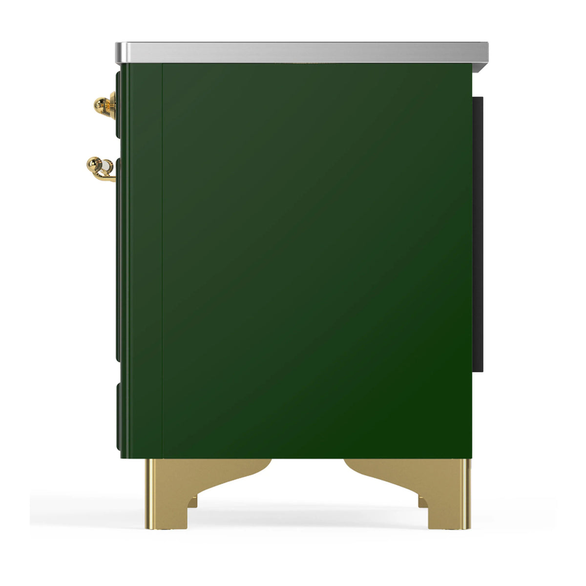 Emerald green range side panel with brass accents and stainless top edge