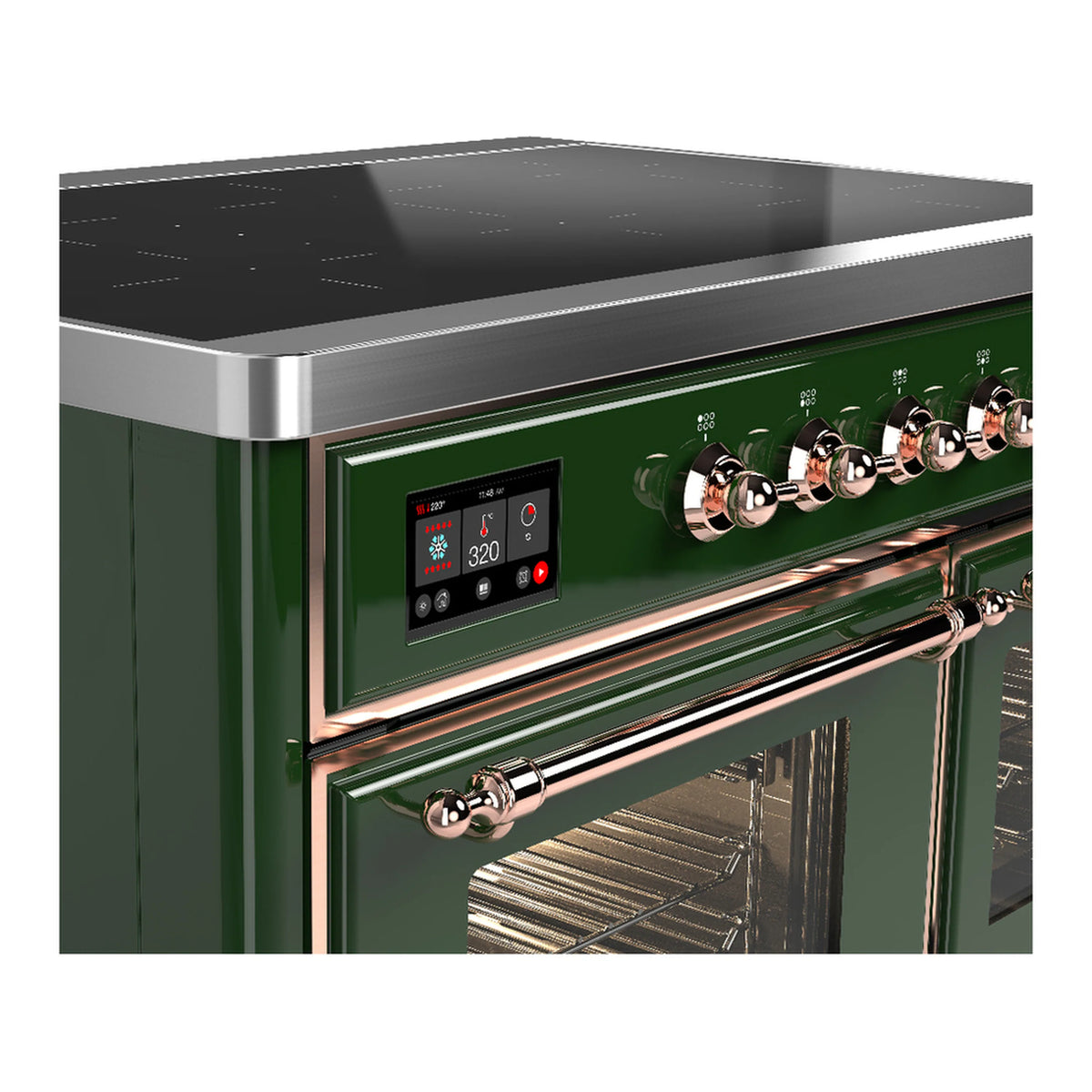Emerald green induction range control panel with digital display and copper knobs