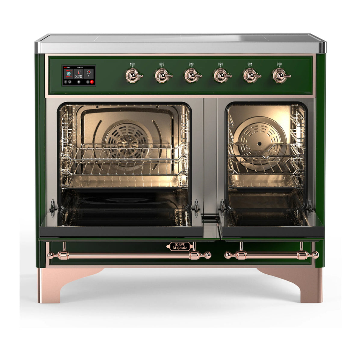 Induction range with open triple-glass oven doors, racks and interior lighting