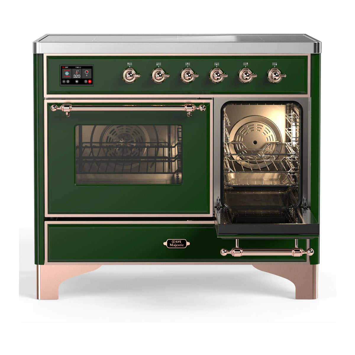 Emerald green induction range with one oven door open and visible control knobs