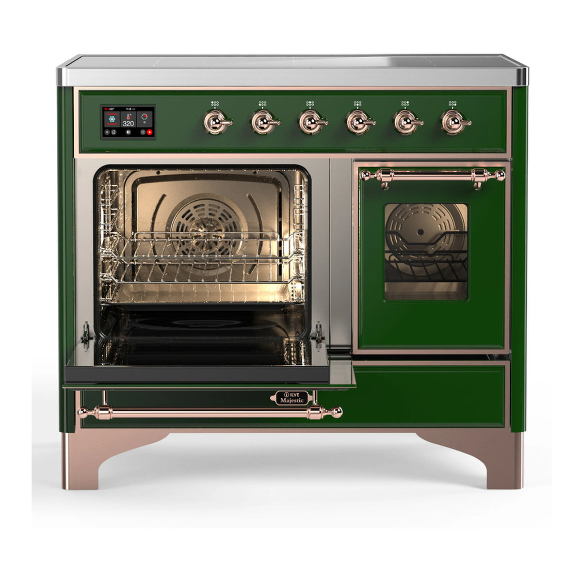 Induction range with open left oven door and closed right windowed oven door