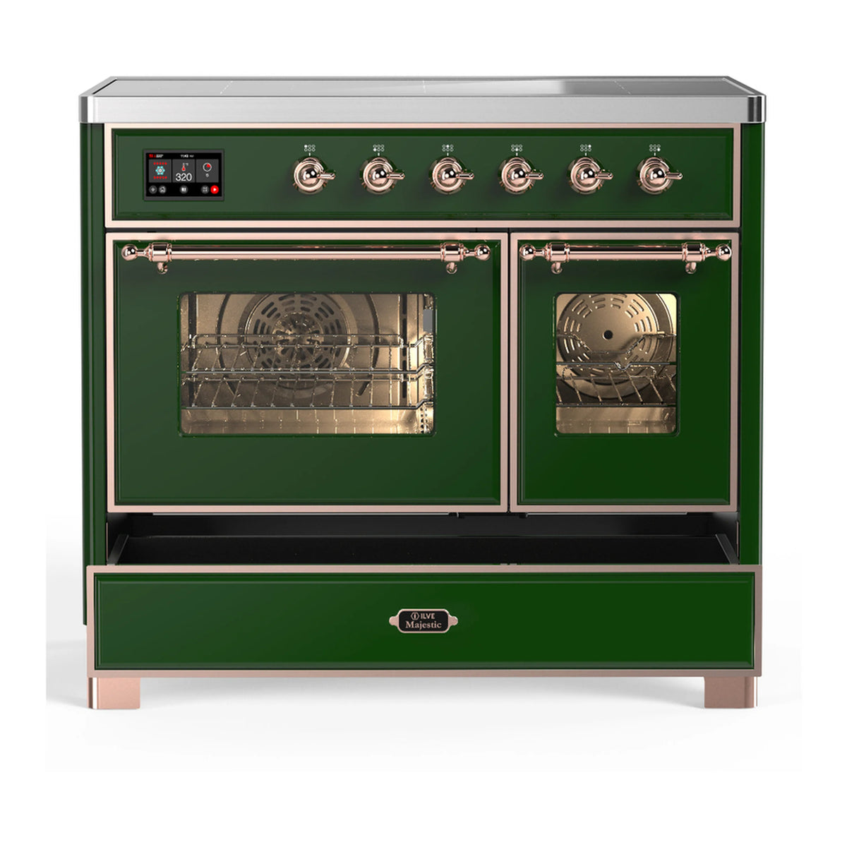 Front view of emerald green induction range with control knobs and drawer door