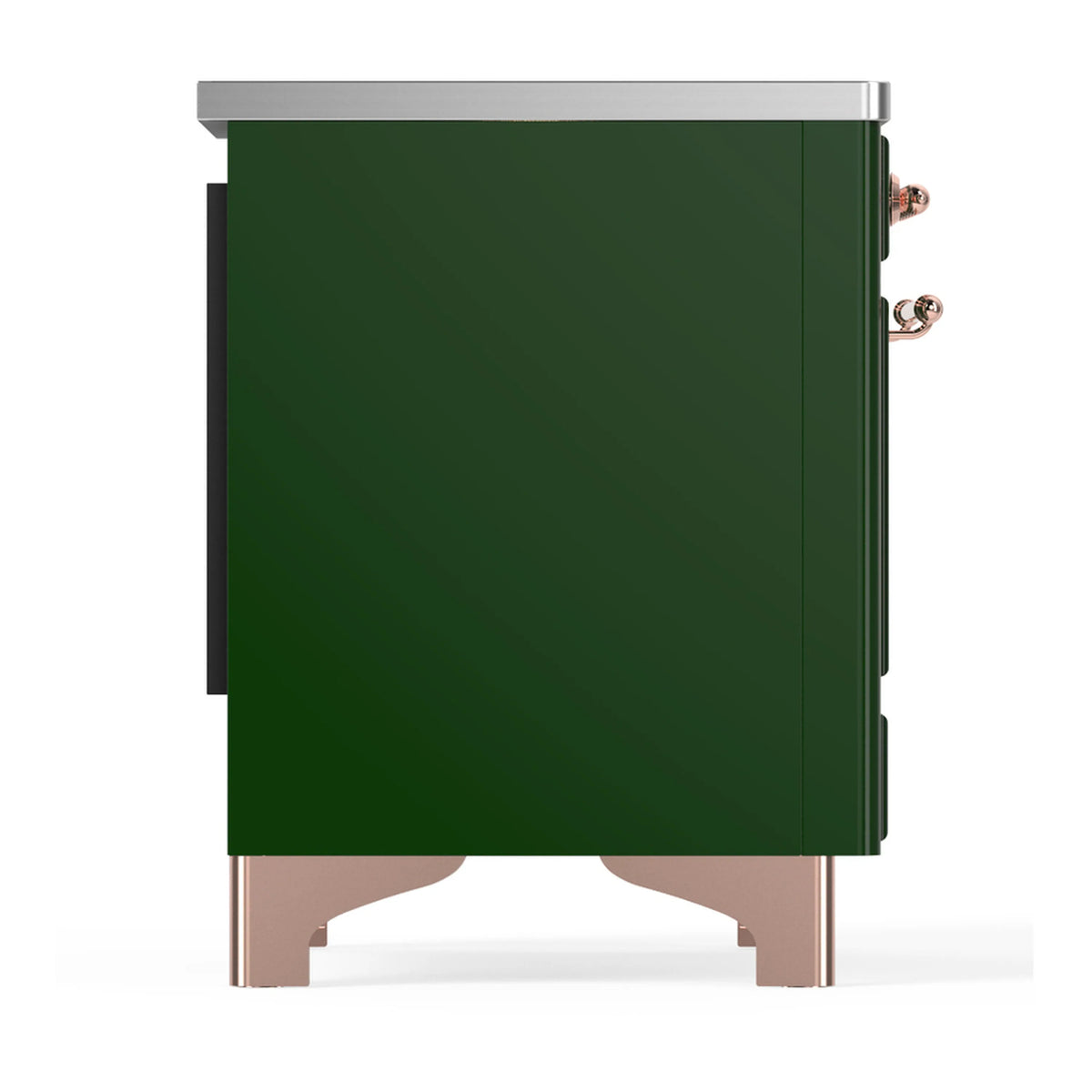 Side view of emerald green induction range with copper-finish handles