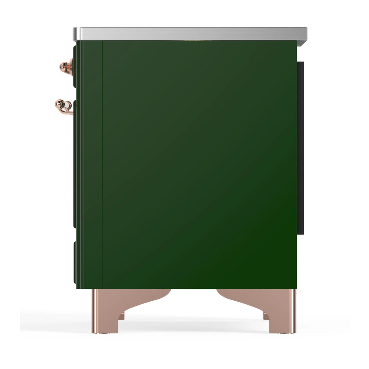 Rear side view of emerald green induction range with copper-finish handles