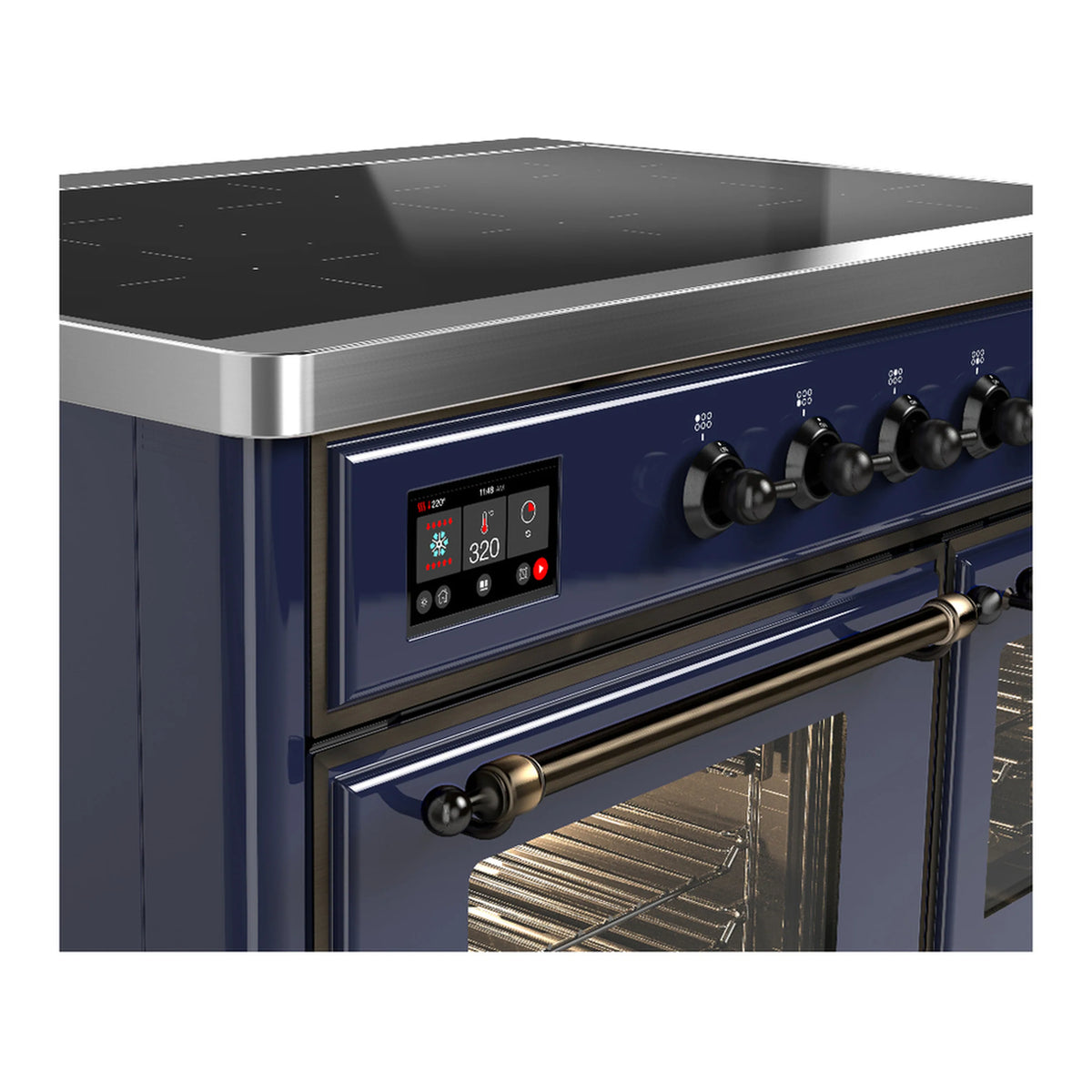Induction range control panel with digital display and burner knob row in midnight blue
