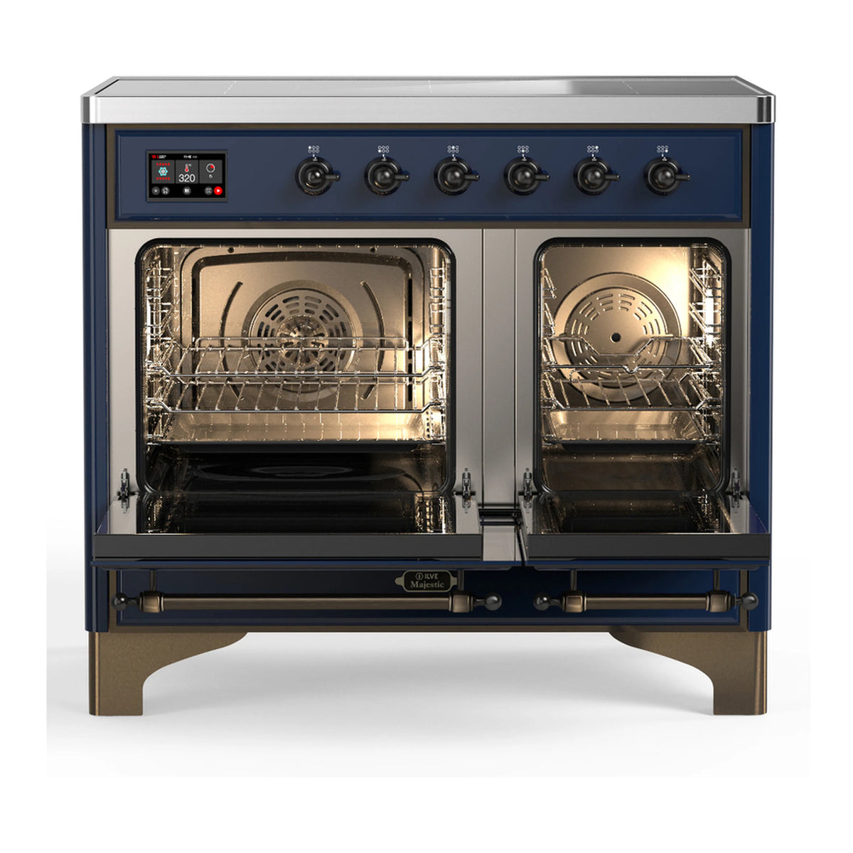 Midnight blue induction range with both oven doors open, showing racks in triple glass ovens