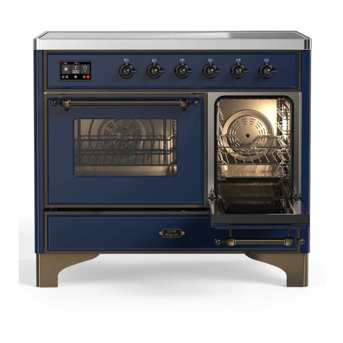 Midnight blue induction range with right oven door open, showing interior racks and warming light
