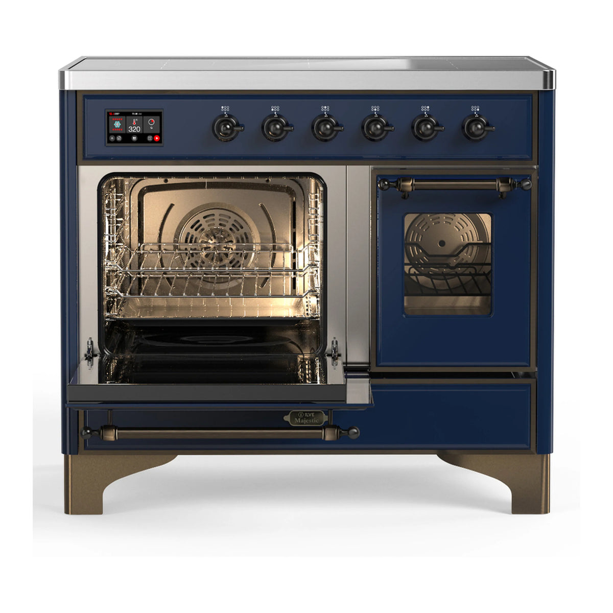 Midnight blue induction range with left oven door open, showing oven racks through glass window
