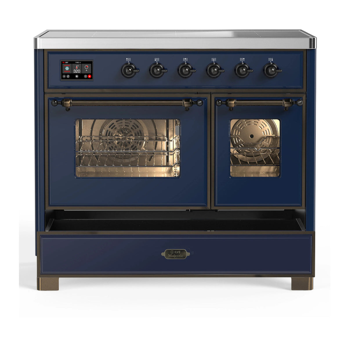 Midnight blue induction range front with both oven doors and control panel, all doors closed