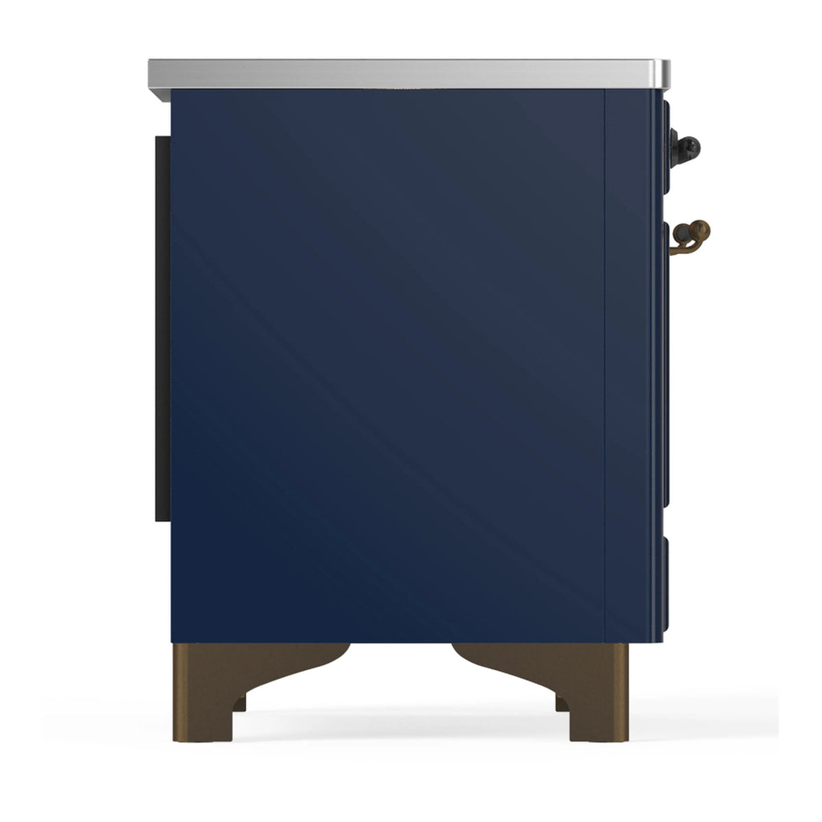 Midnight blue induction range side panel with handle and side control knobs, stainless top