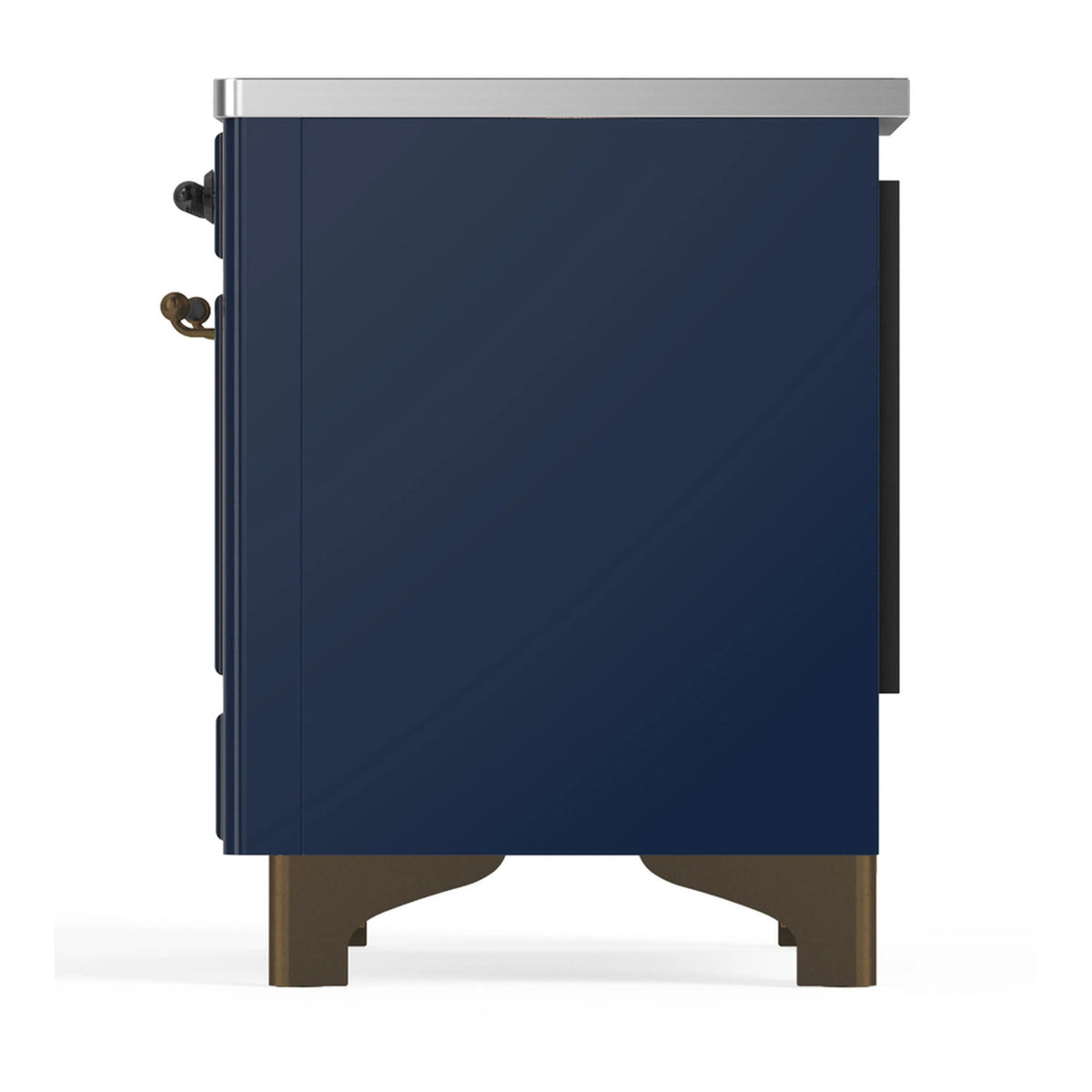 Midnight blue induction range opposite side panel with handle hardware and stainless top