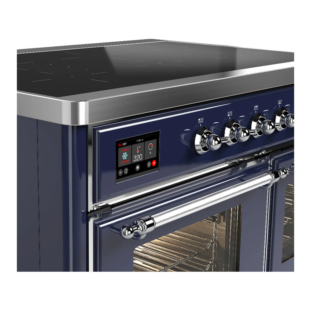 Induction range control panel with knobs, digital display, and chrome oven handle