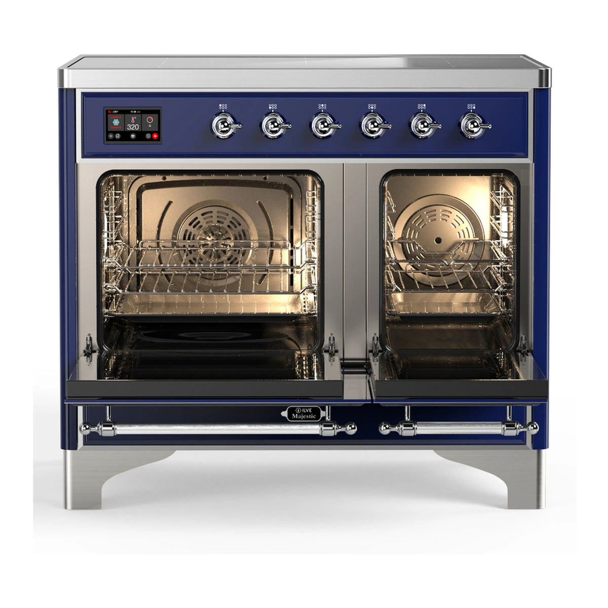 Induction range with both oven doors open, showing chrome racks and interior lights