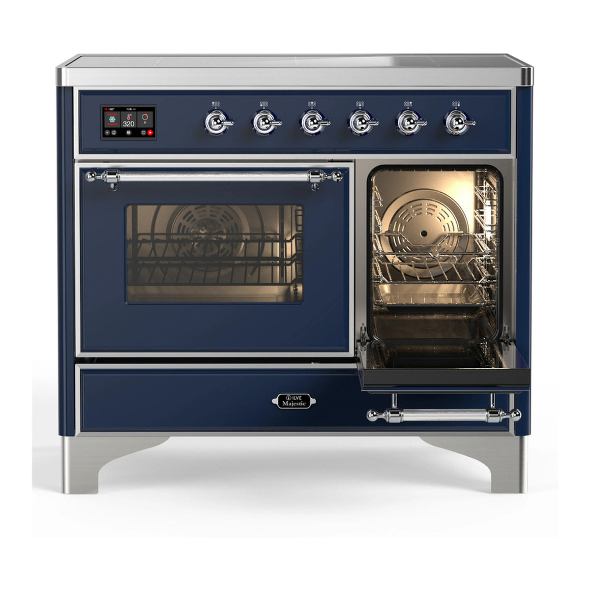 Induction range with right oven door open, revealing a rack and glowing interior