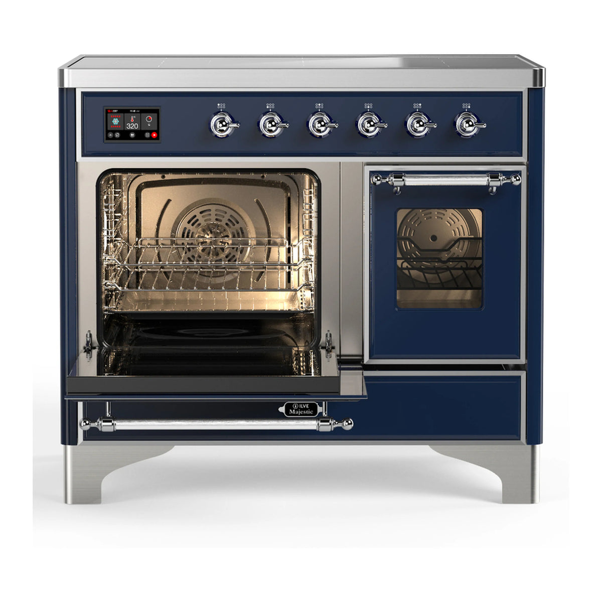 Induction range with left oven door open, showing a rack and lit oven interior