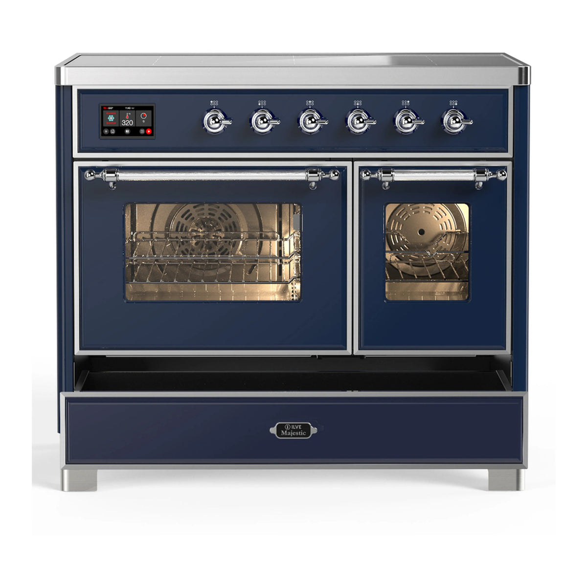 Midnight blue induction range with glass oven doors and chrome control knobs