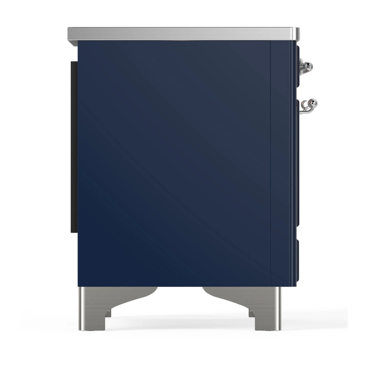 Midnight blue induction range side view with chrome corner trim and door handle