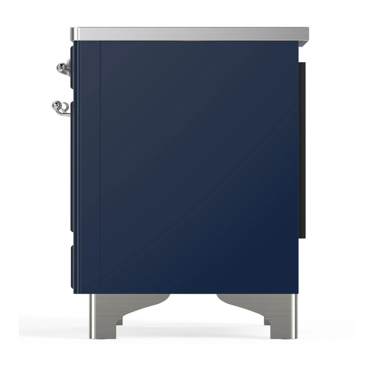 Midnight blue induction range side view with chrome handles and raised metal feet