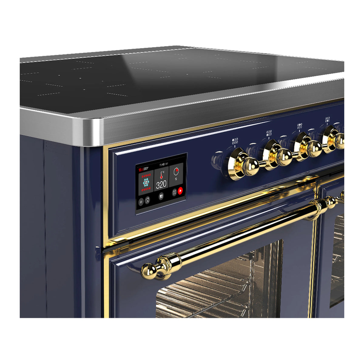 Dark blue induction range control panel with brass knobs and display beside oven door