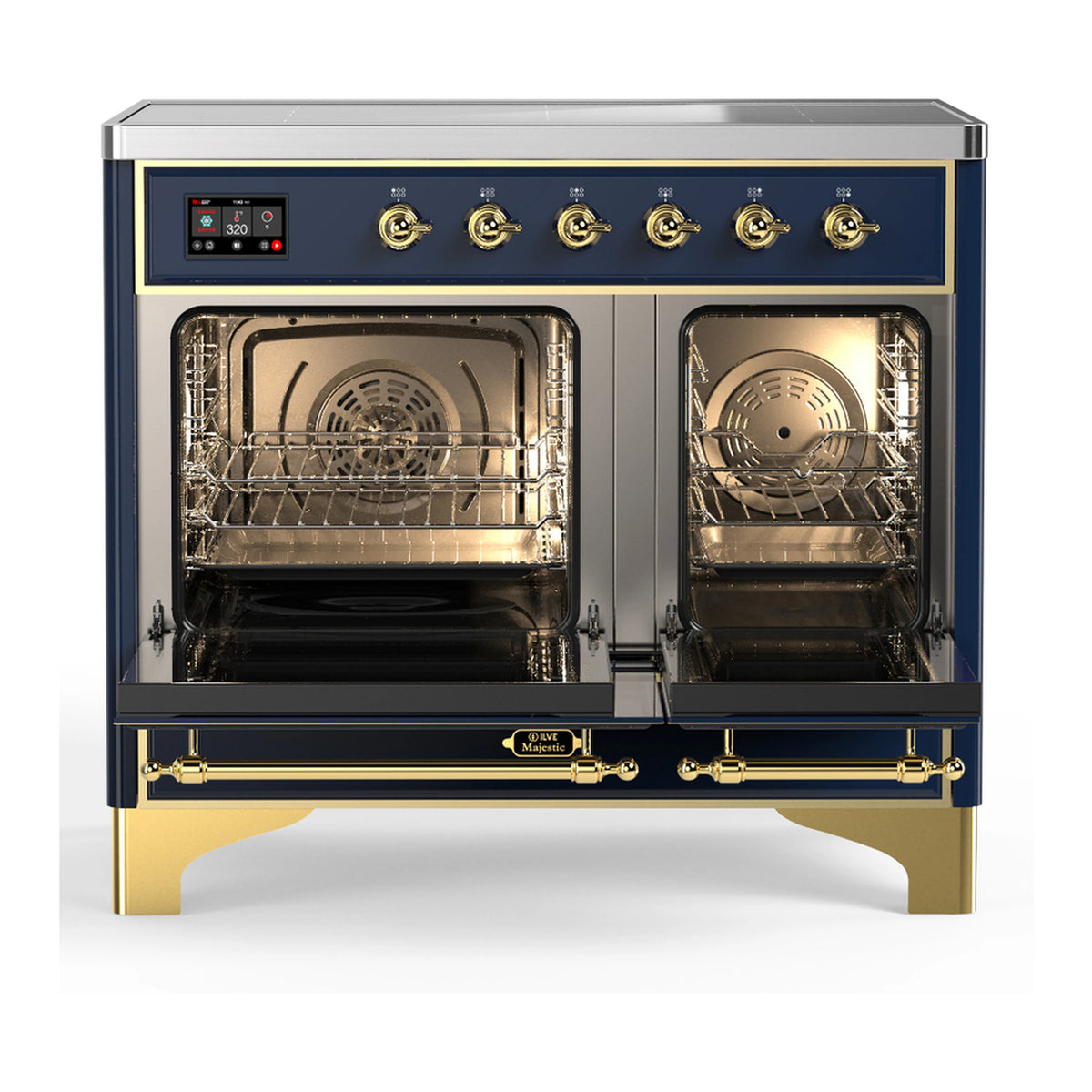 Dark blue induction range with brass trim, oven interior visible through glass doors