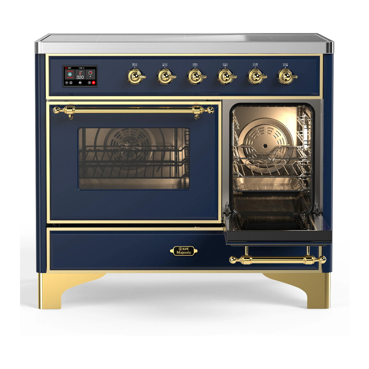 Dark blue induction range with brass trim, one oven door open showing rack and heating area