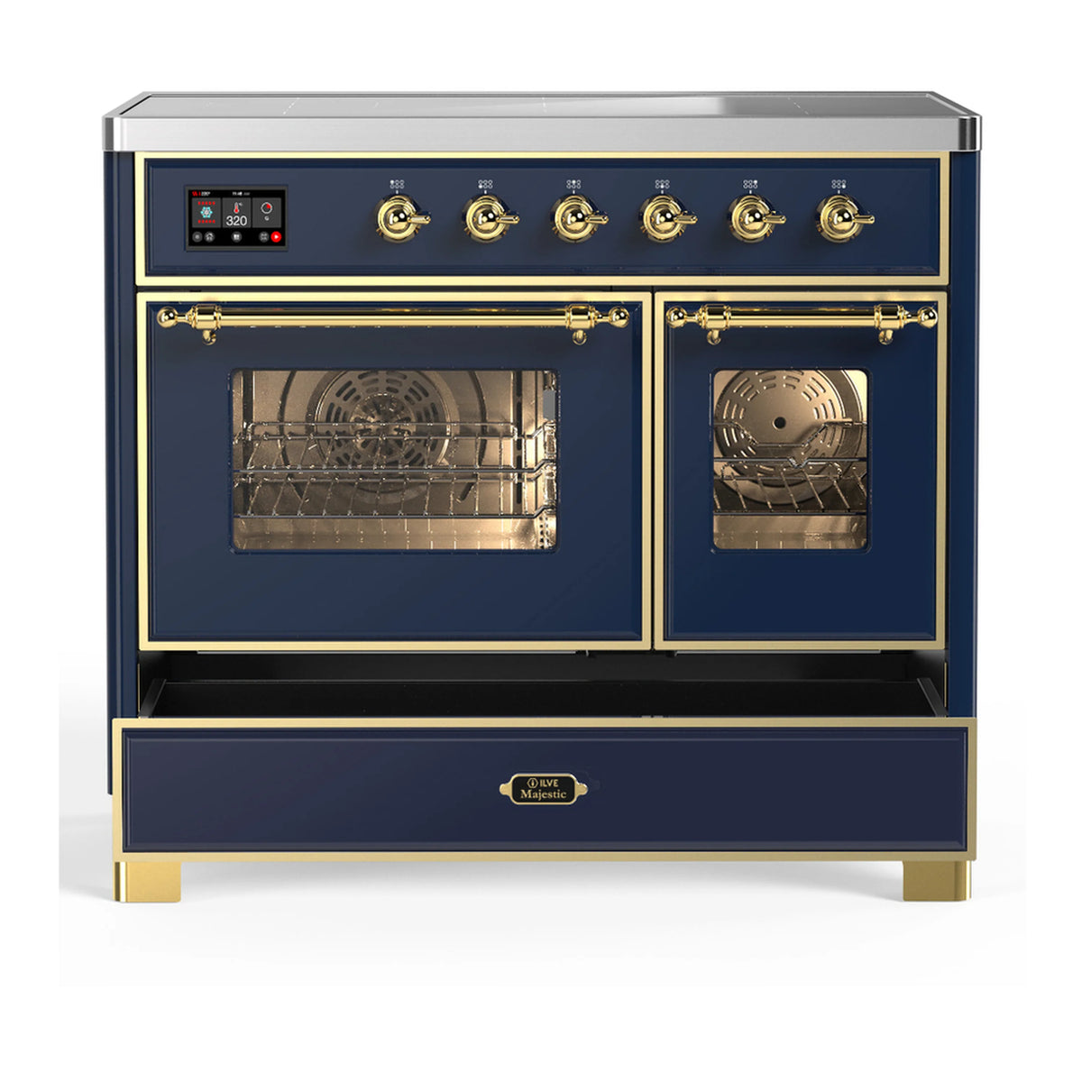 Dark blue induction range with brass trim, oven compartments with open glass doors and racks