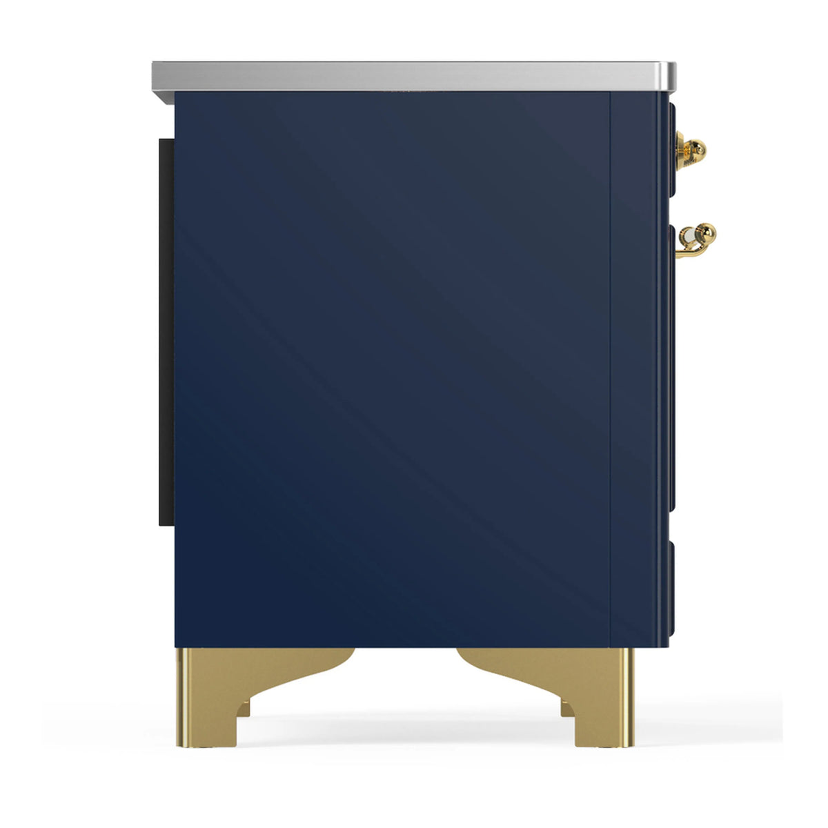 Dark blue side view of induction range with brass bottom feet and brushed metal top