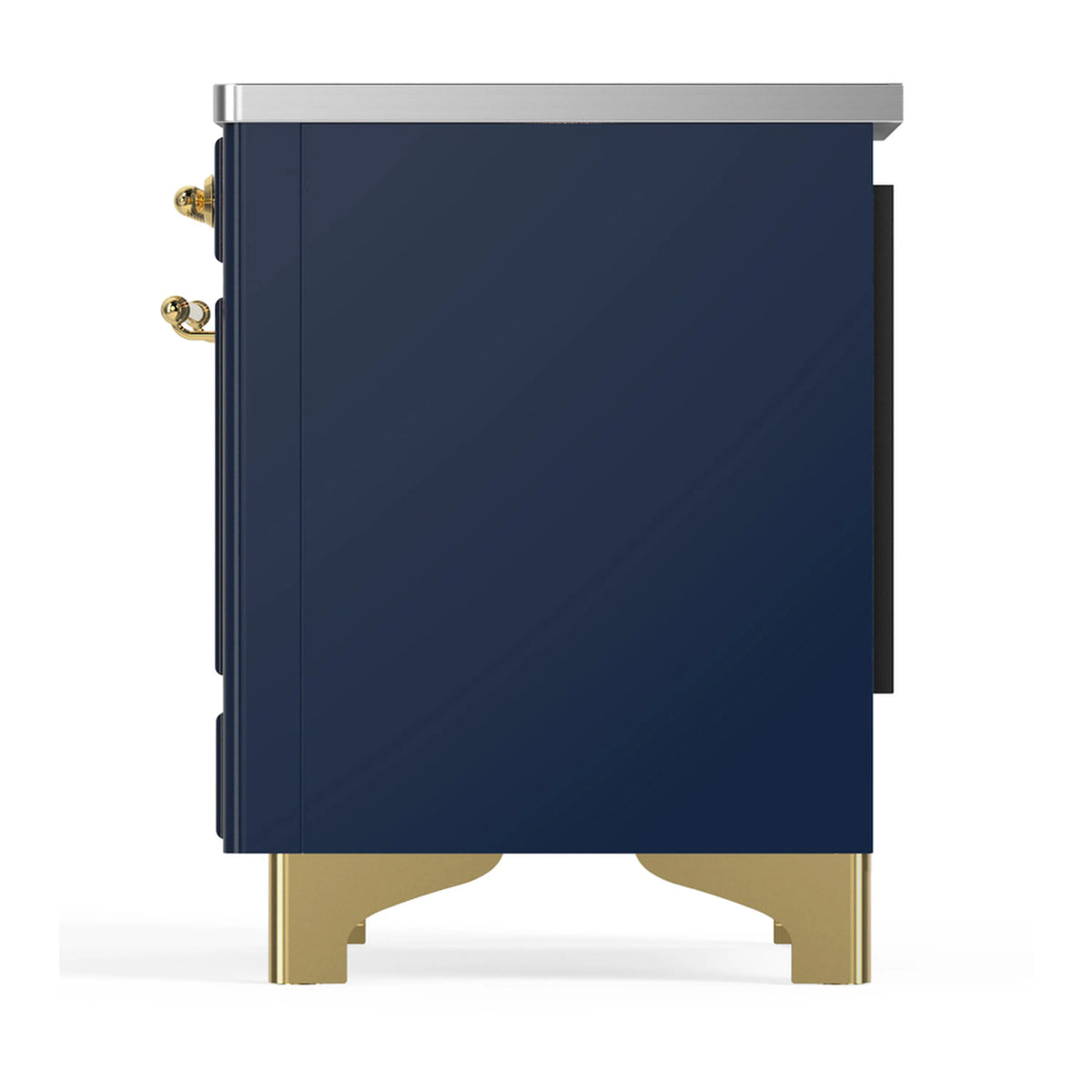 Dark blue rear corner view of induction range with brass feet and side hardware