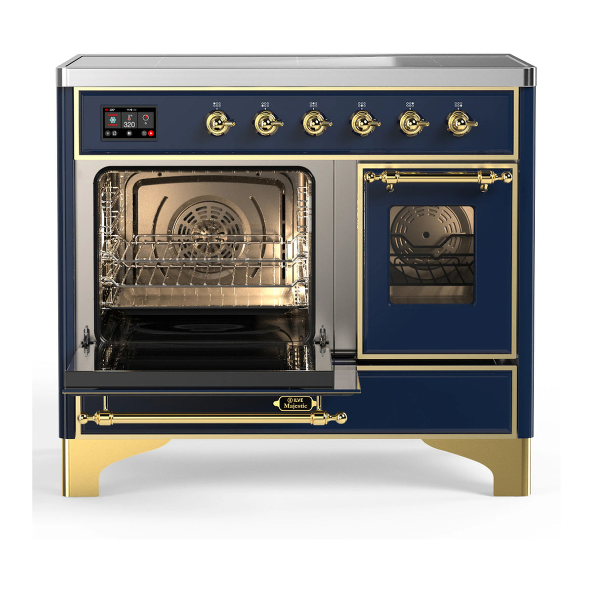 Dark blue induction range with brass trim, oven open with racks visible through glass doors