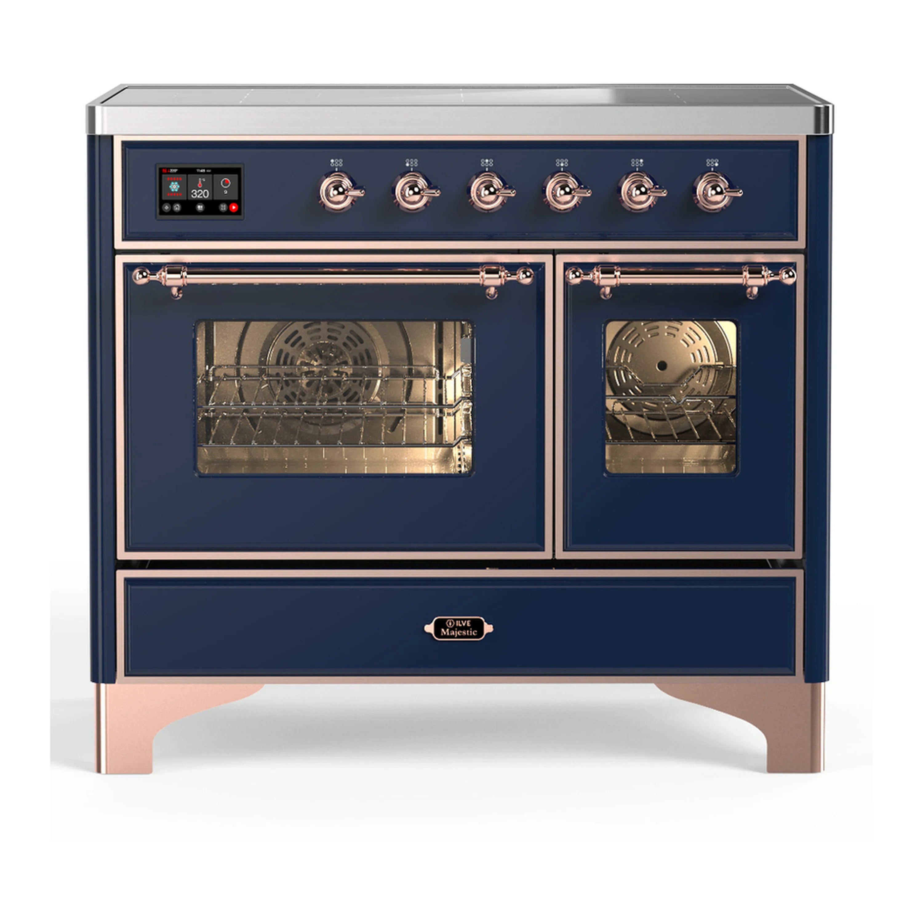 Induction range with double ovens, triple-glass door, and copper knob controls in dark blue
