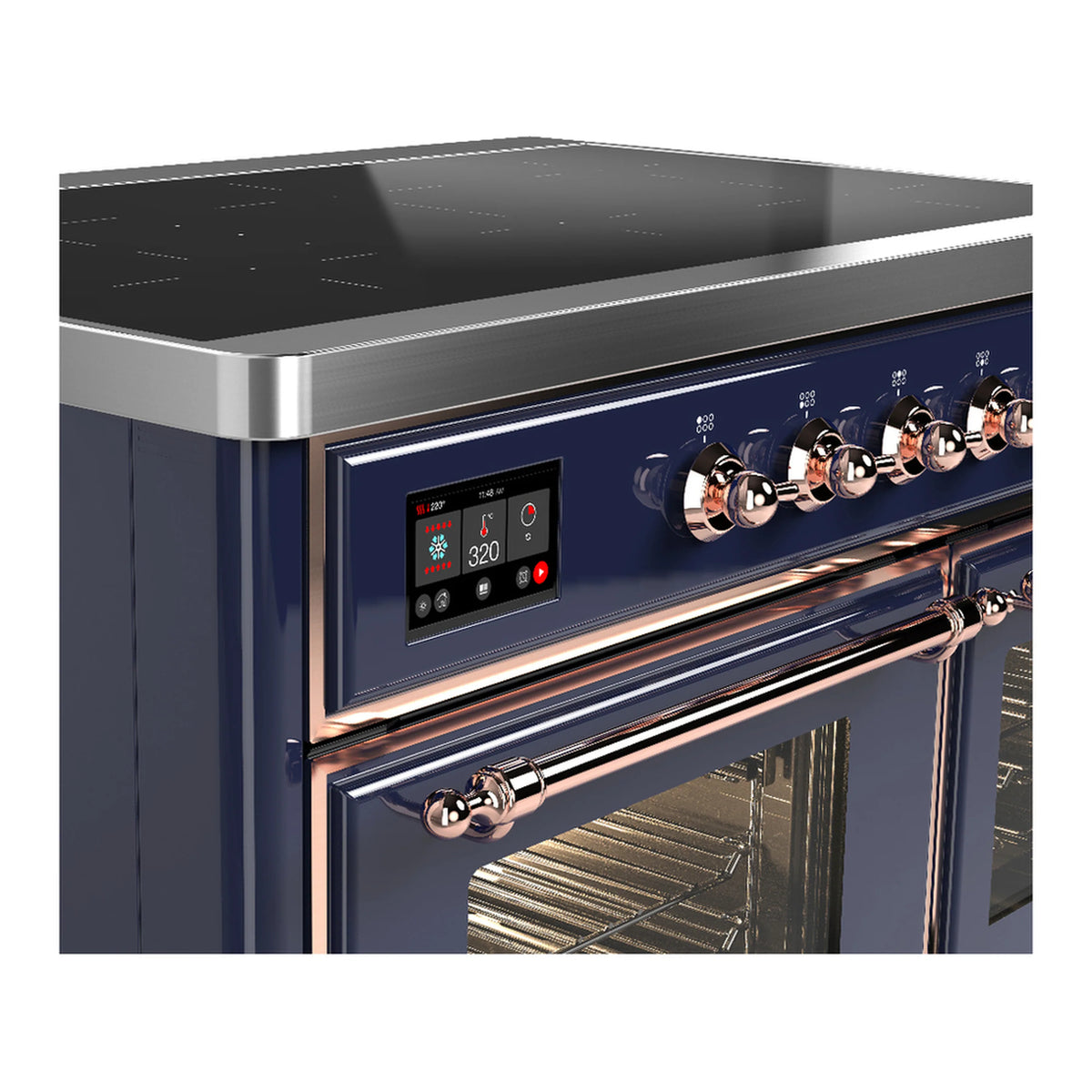 Induction range control panel with digital display and copper rotary knobs on dark blue
