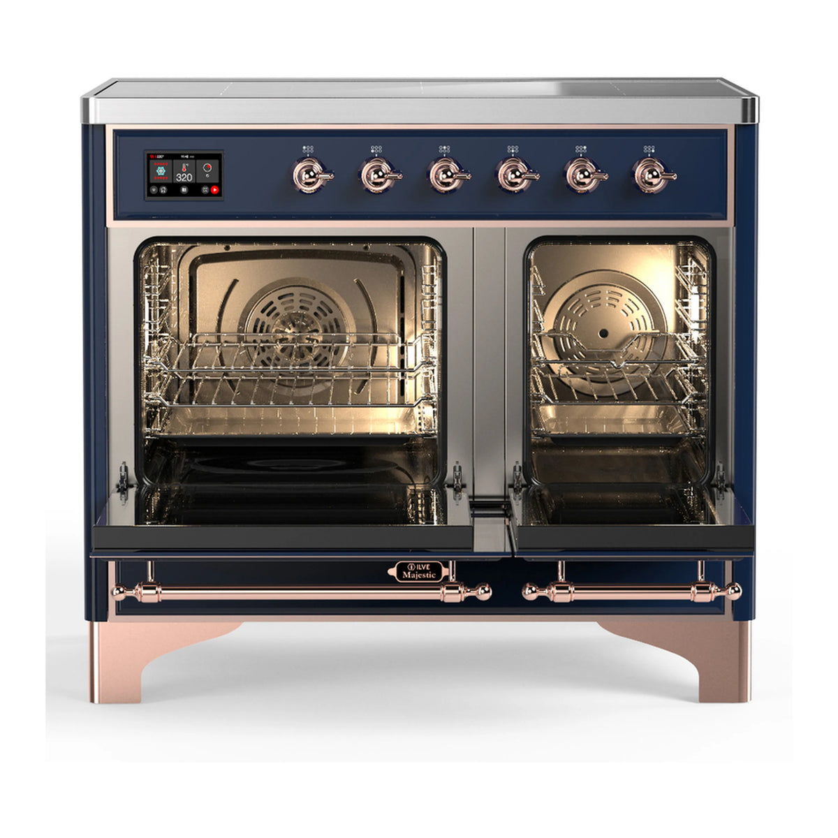Induction range front with both oven doors open, showing racks and fan in dark blue