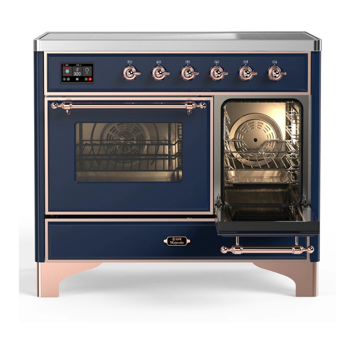 Induction range front with right oven door open and left oven door glass window in dark blue