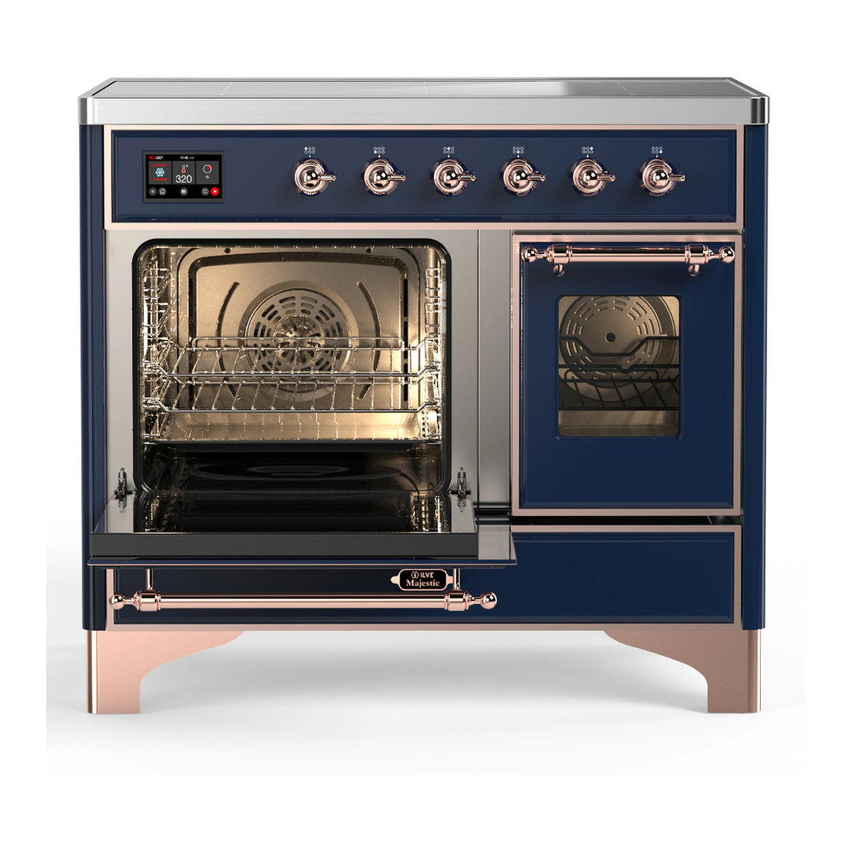 Induction range with left oven door open and right oven door closed, dark blue and copper