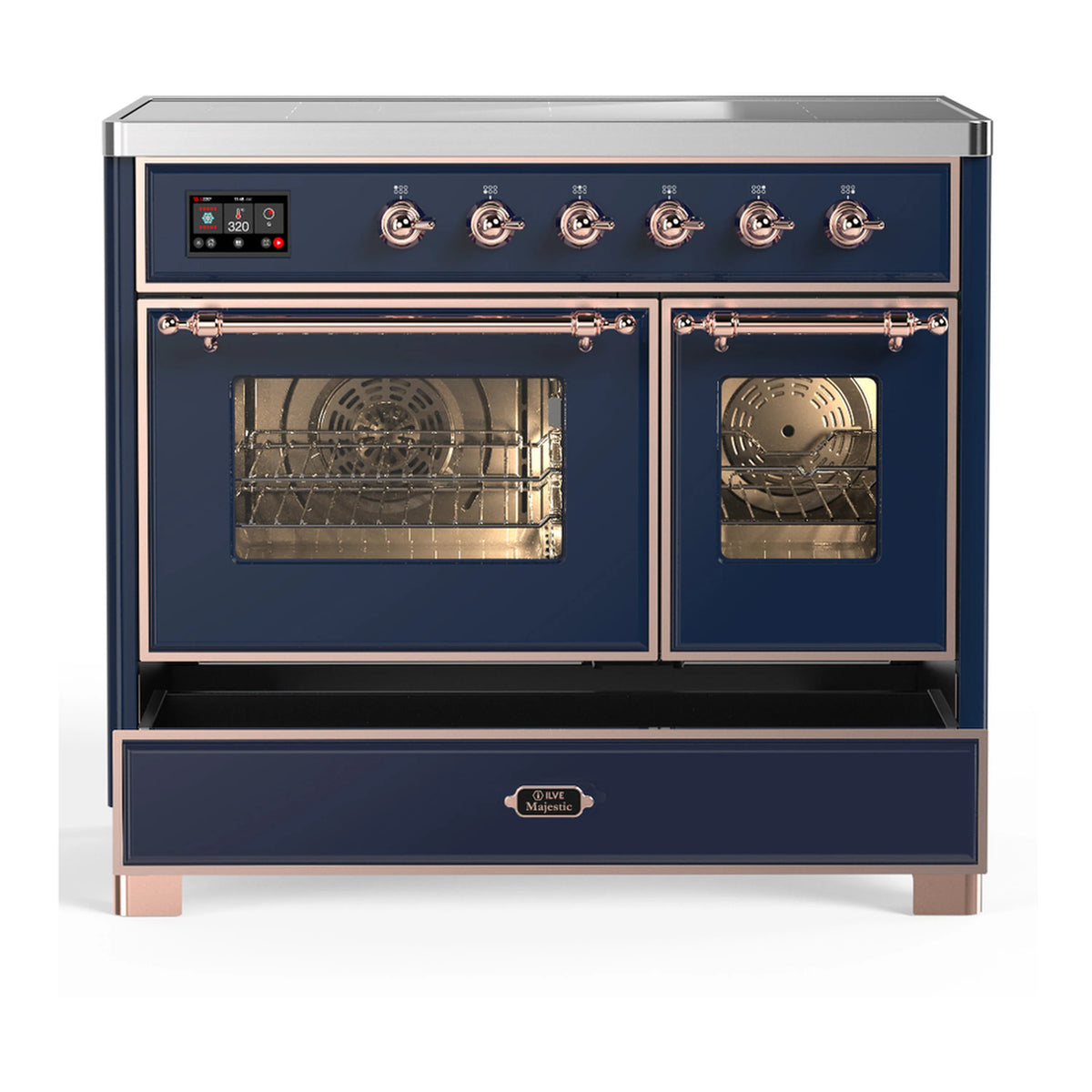 Induction range front with lower drawer open and both ovens showing dark interior racks