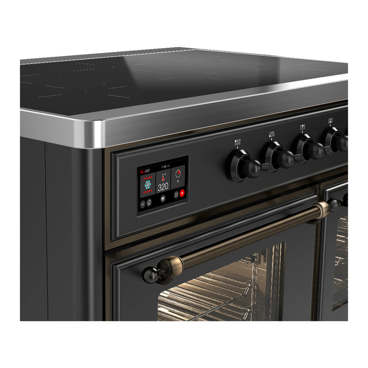 Induction range front control panel with red LED display and four black knobs