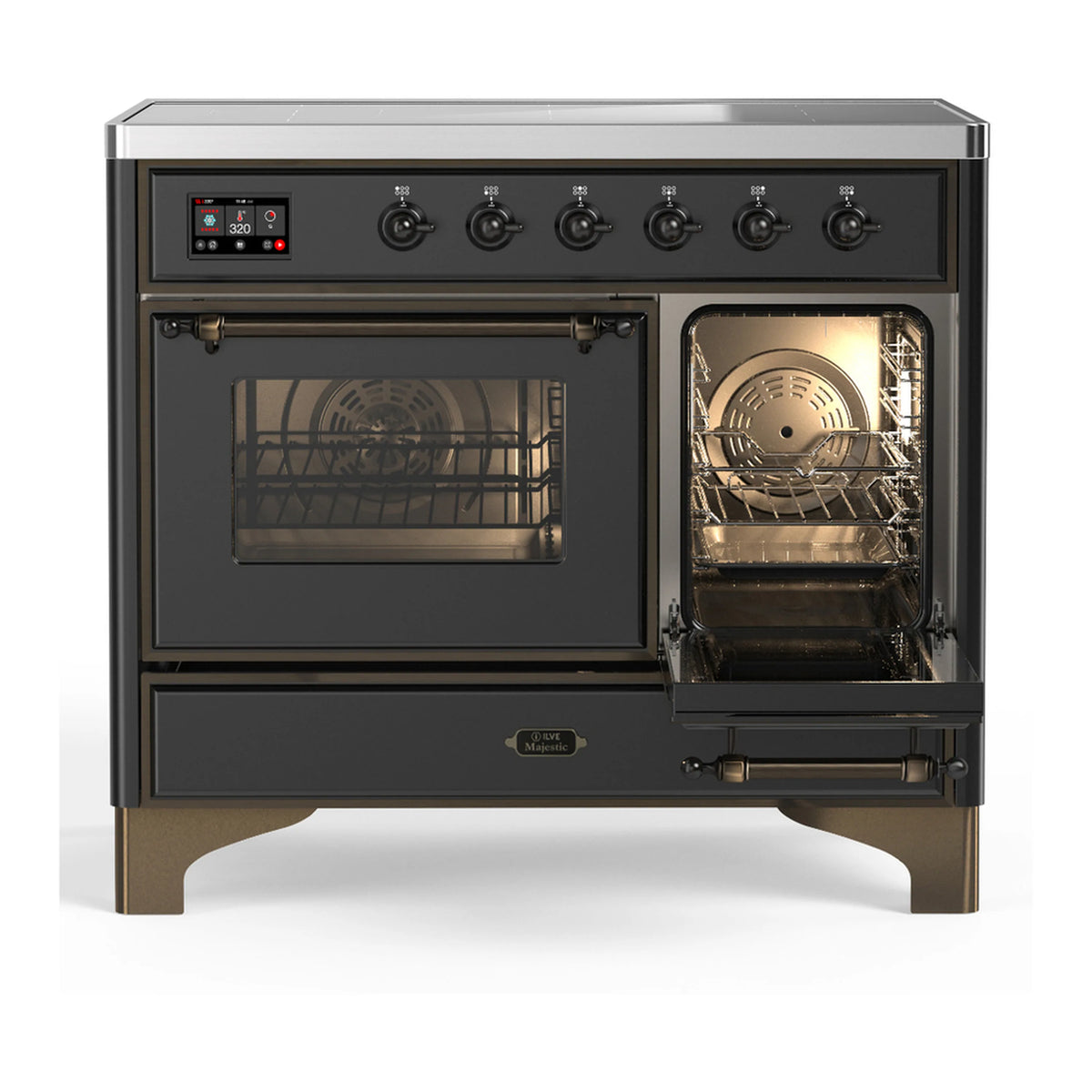 Induction range with right oven door open and left glass door