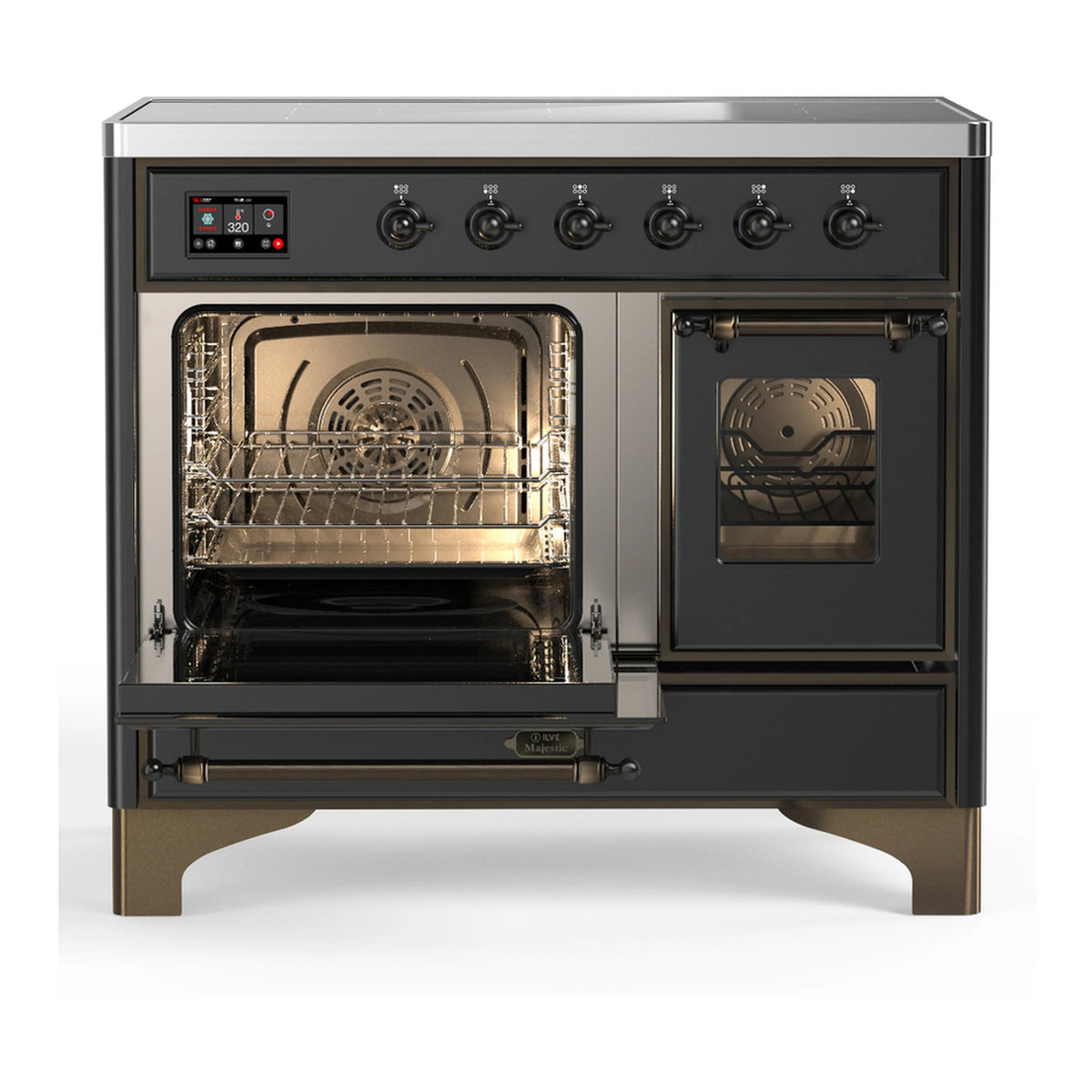 Induction range with glass oven doors and illuminated oven interiors