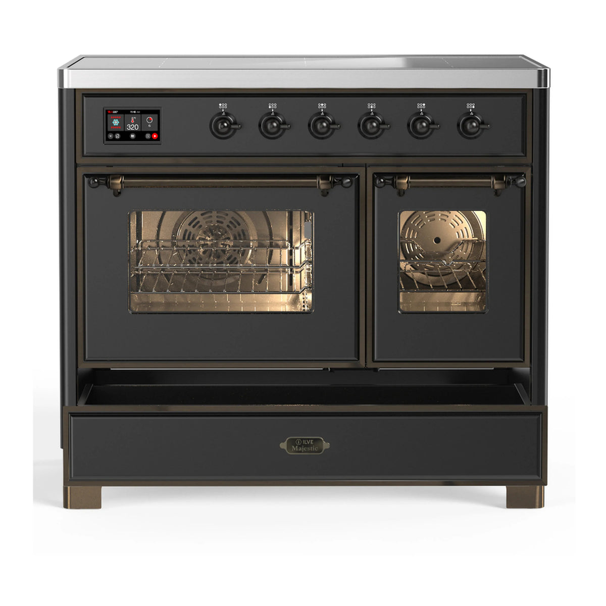 Matte graphite induction range with two glass oven doors and lower drawer