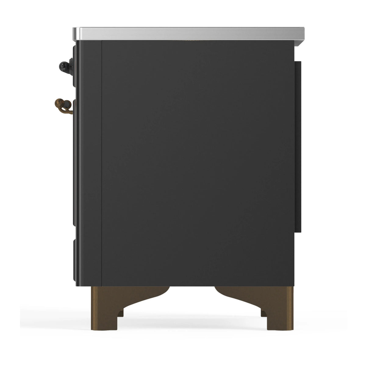 Induction range back corner with matte graphite panel and bronze control hardware