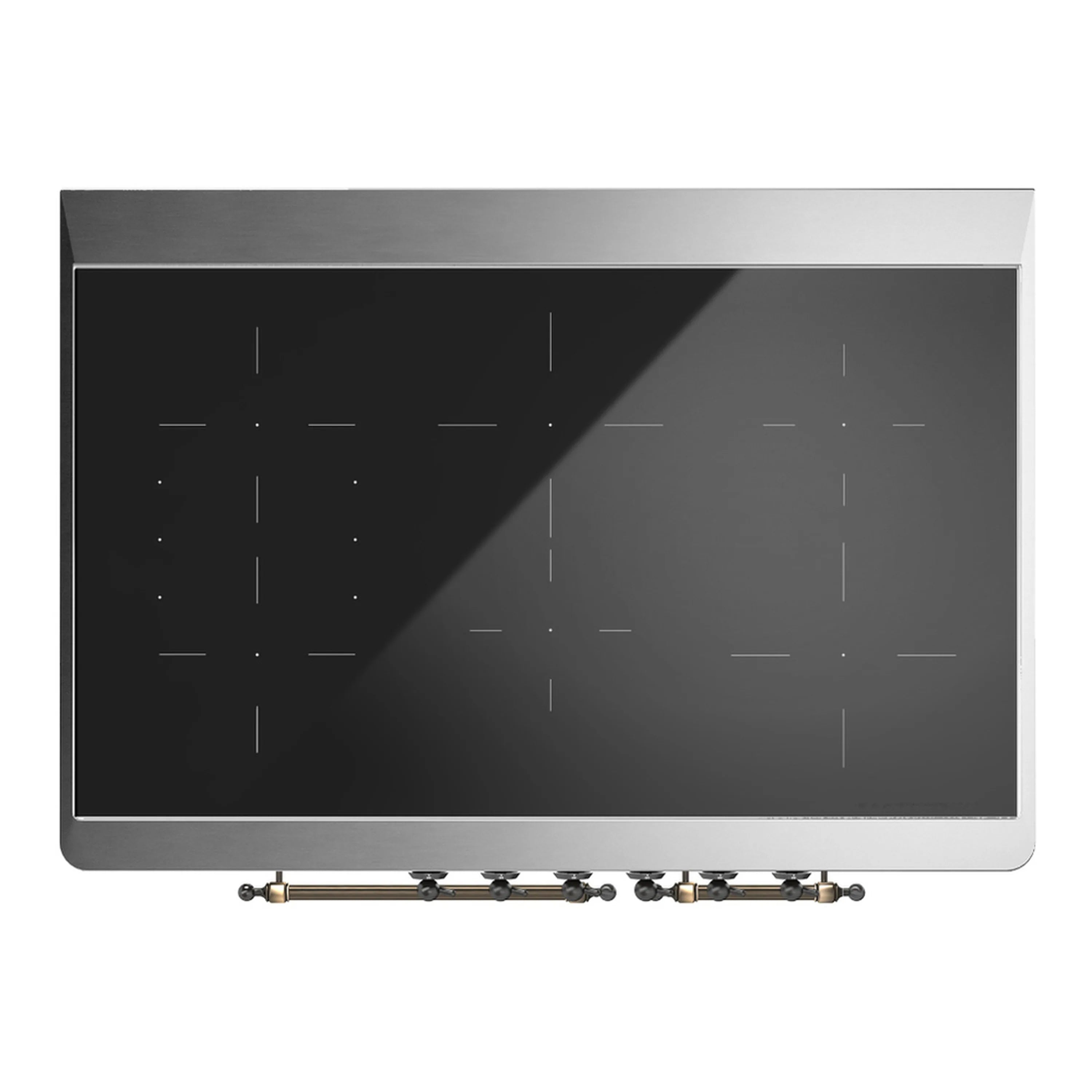 Induction range back panel with brass fittings and dark rear cover