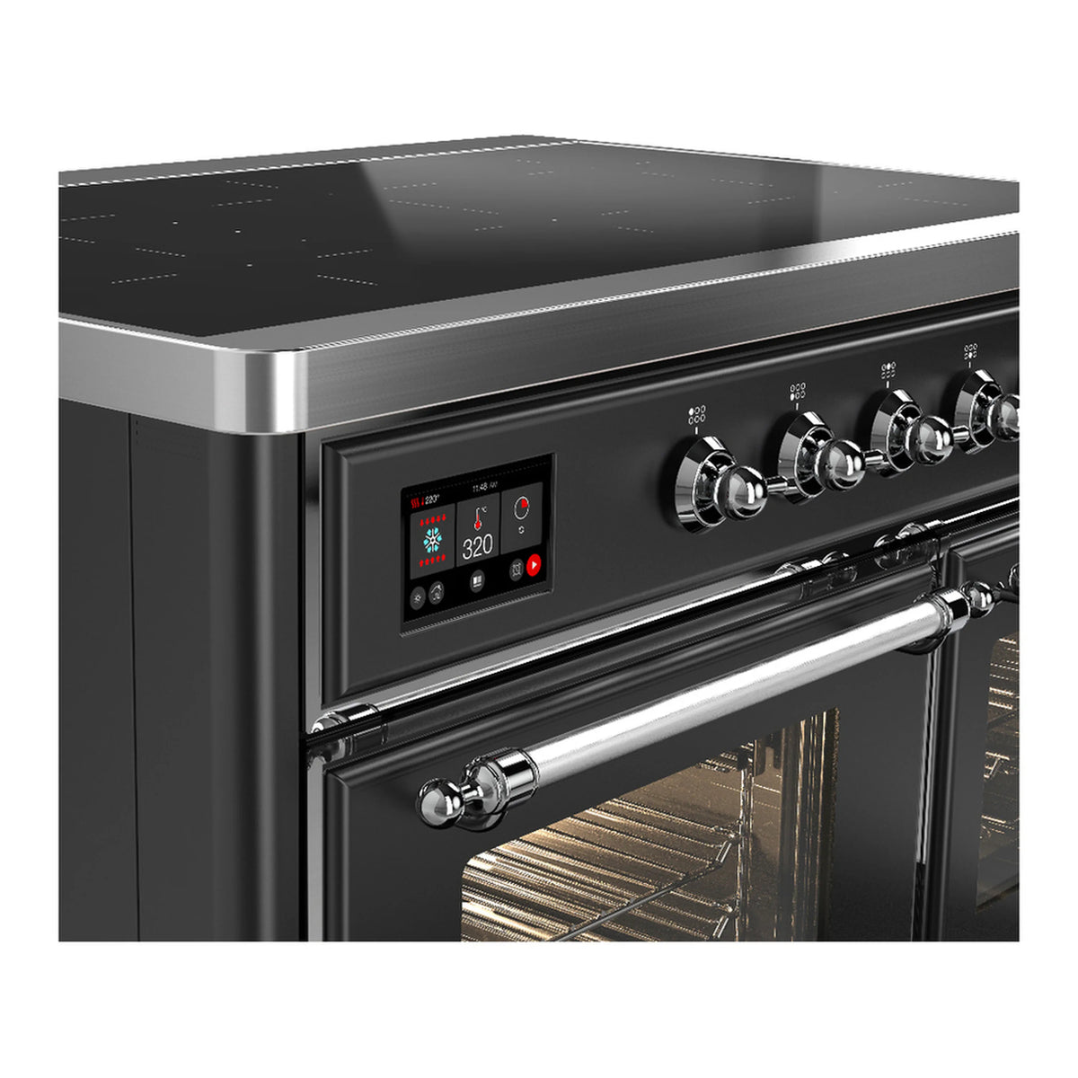 Matte graphite induction range cooktop control panel with digital display and chrome knobs