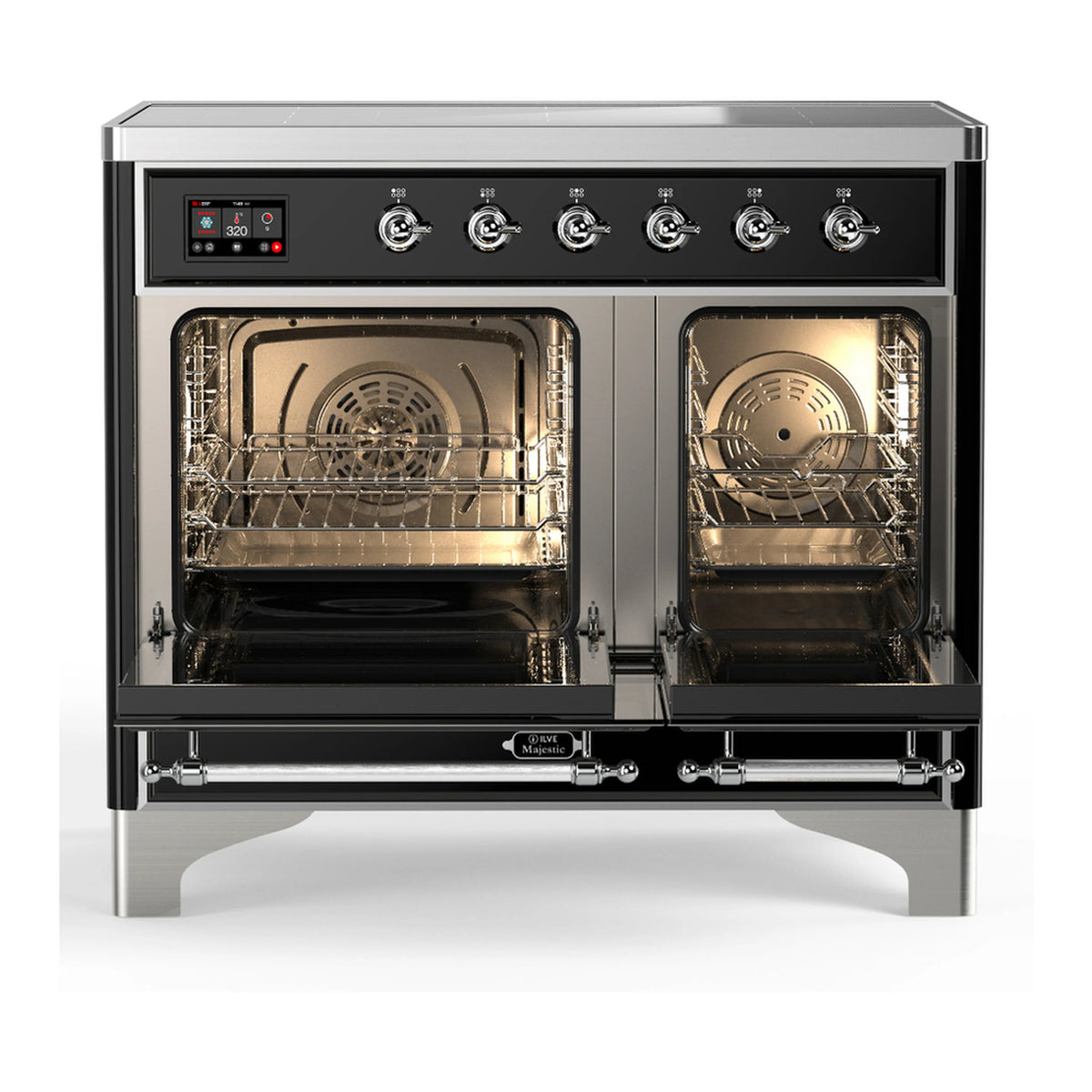 Matte graphite induction range with both oven doors open, showing oven racks and heating cavity