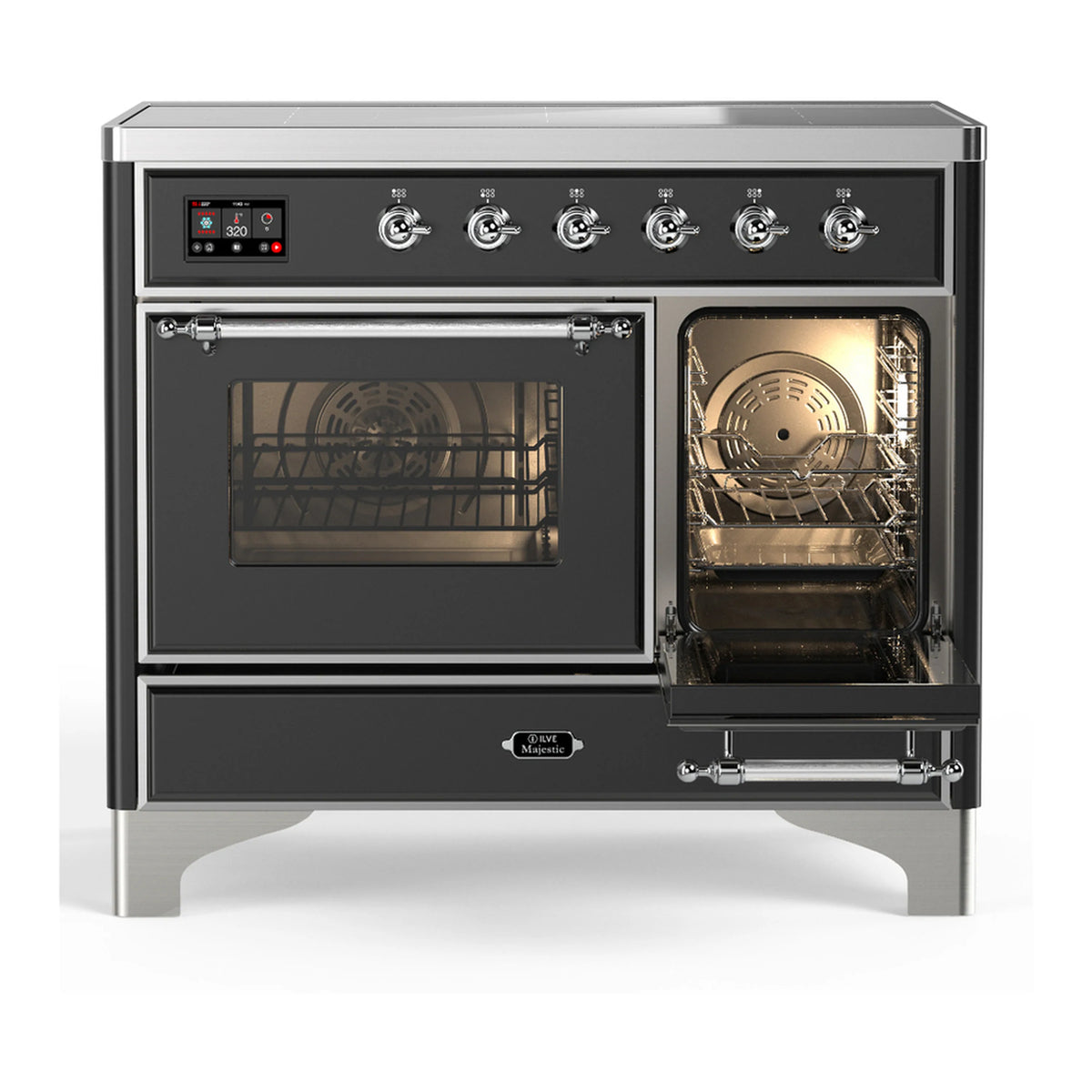 Matte graphite induction range with left oven door open and right oven door closed